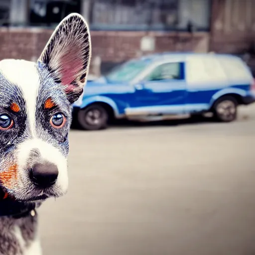 Image similar to blue heeler dog on a motorcycle, 8 k photography, blurred background of a wafflehouse