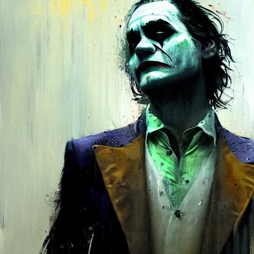 Image similar to painting of Joaquin Phoenix as the joker, dancing in the rain, by Jeremy Mann, detailed, stylized, loose brush strokes, intricate, realistic, exaggerated lighting, sense of scale, free, melancholy