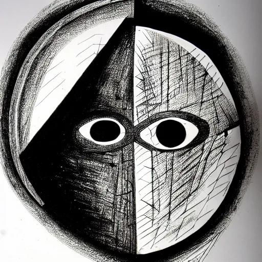 Image similar to an ink drawing of an old dilapidated drama mask, cracked, elaborate detail, shape of a circle, circular shape, white background