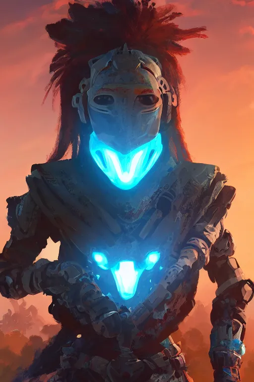 Image similar to combination suit armor aloy horizon forbidden west horizon zero dawn radiating a glowing aura global illumination ray tracing hdr fanart arstation by ian pesty and alena aenami artworks in 4 k tribal robot ninja mask helmet backpack