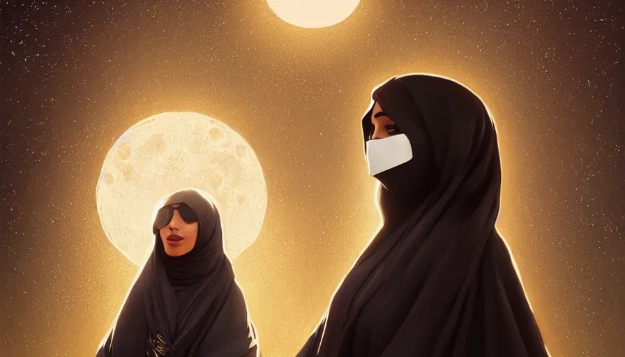 Image similar to Portrait of very very very very very very beautiful Arab woman wearing a Niqab, under giant full moon in the desert, intricate, glowing magical eyes, energy trails, elegant, highly detailed, digital painting, artstation, concept art, smooth, sharp focus, illustration, art by artgerm and greg rutkowski and alphonse mucha