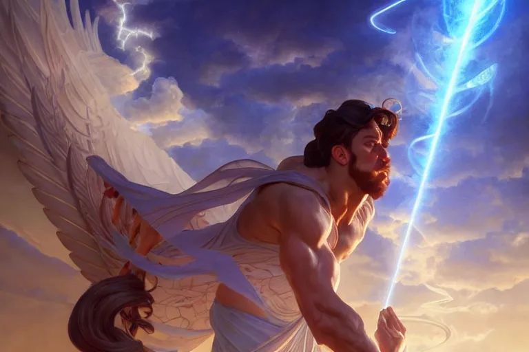 Image similar to a Greek god launching magical rays to evil humans, highly detailed, digital painting, cinematic, hyper realism, dark retrowave, art by Stanley Lau and Artgerm and magali villeneuve and Alphonse Mucha, artstation, octane render, cgsociety