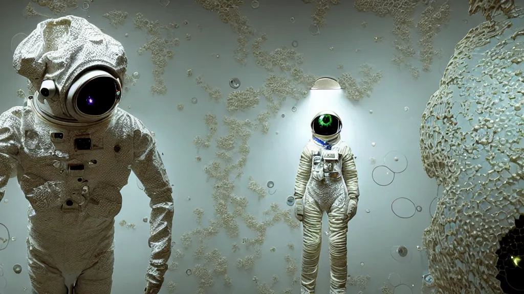 Image similar to a astronaut eva suit covered in diamond 3d fractal lace iridescent bubble 3d skin and covered with insectoid compound eye camera lenses floats through the living room, film still from the movie directed by Denis Villeneuve with art direction by Salvador Dalí, wide lens,