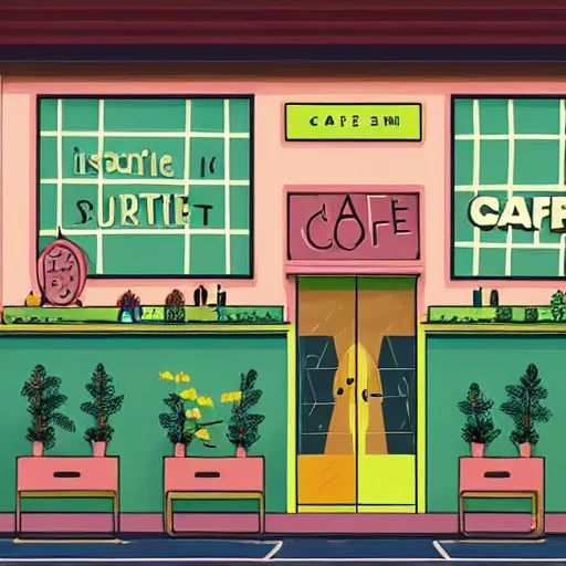 Image similar to isometric cute cartoon illustration style cafe australian, decorated with cute cannabis pot plants 🪴 utopian australiana simple frontage, poster, beautiful composition pastel palette by will barnet, digital art, hyperrealistic, sharp detailed soft, render cartoon by pixar