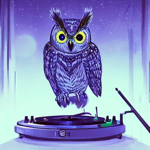 Prompt: an owl dj making techno music, futuristic, dramatic, very detailed, trending on artstation