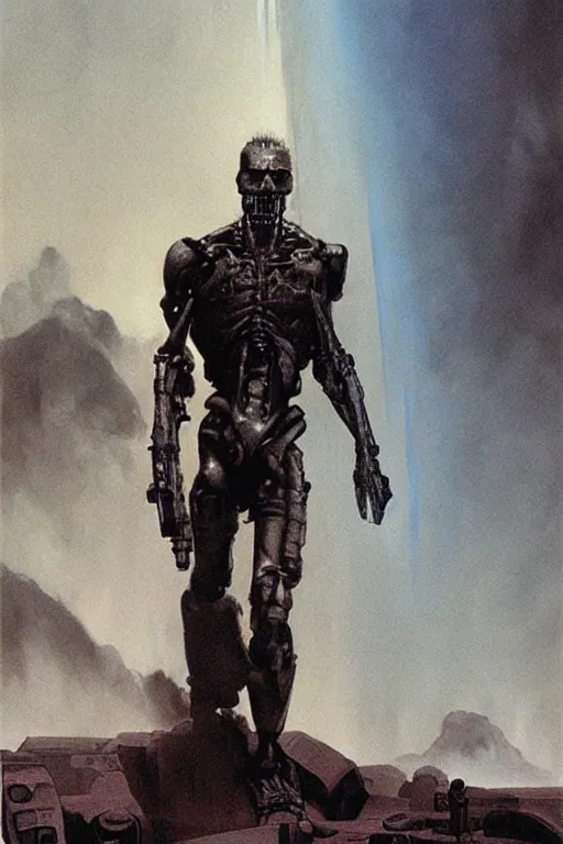 Prompt: Terminator movie poster, 2D matte illustration, Beksinkski, Moebius, Frank Frazetta