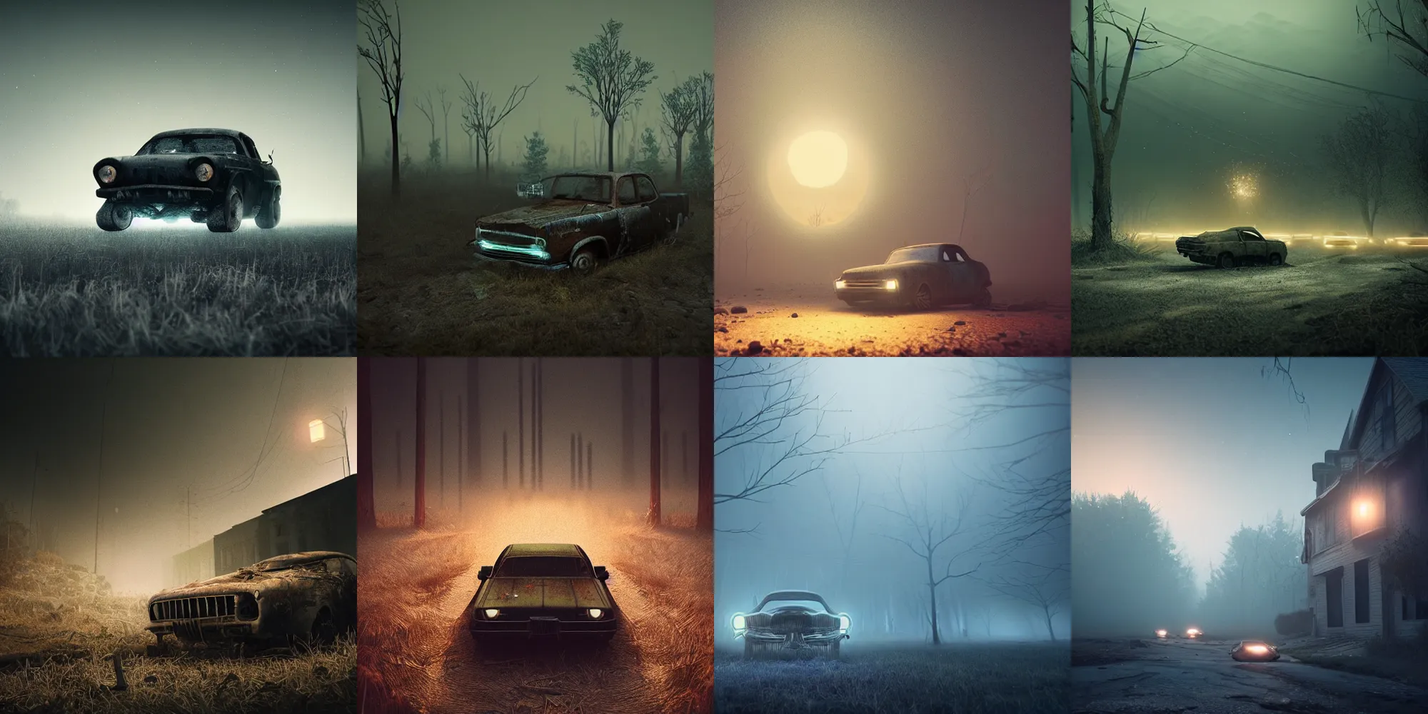 Prompt: beautiful dark creepy landscape, old abandoned car sinking headlights on, in the style of beeple and Mike Winkelmann, intricate, epic lighting, cinematic composition, hyper realistic, 8k resolution, unreal engine 5,