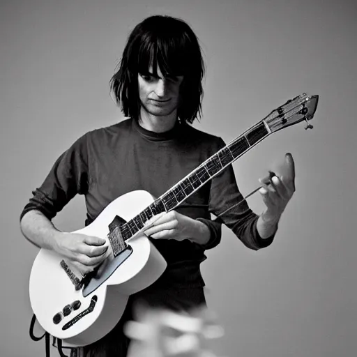 Image similar to Jonny Greenwood playing a guitar in a black and white photo, a black and white photo by Blythe, featured on tumblr, toyism, groovy, psychedelic, ilya kuvshinov