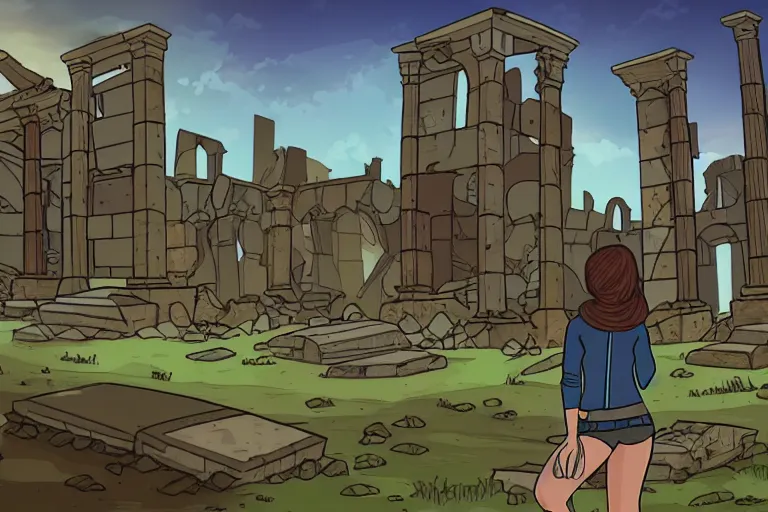 Image similar to an adventure diary sketch discovering the ruins of a giant city that once existed on earth