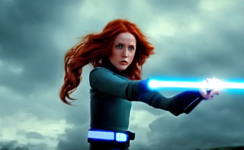 Image similar to screenshot of Jedi Mara Jade, played by the beautiful Julian Moore, holding a blue lightsaber in right hand, iconic scene from 1980s film by Stanley Kubrick, 4k, windy hair, cinematic still frame, surreal sci fi set design, photoreal, detailed face, moody storm lighting, stunning cinematography, hyper detailed, sharp, anamorphic lenses, kodak color film stock