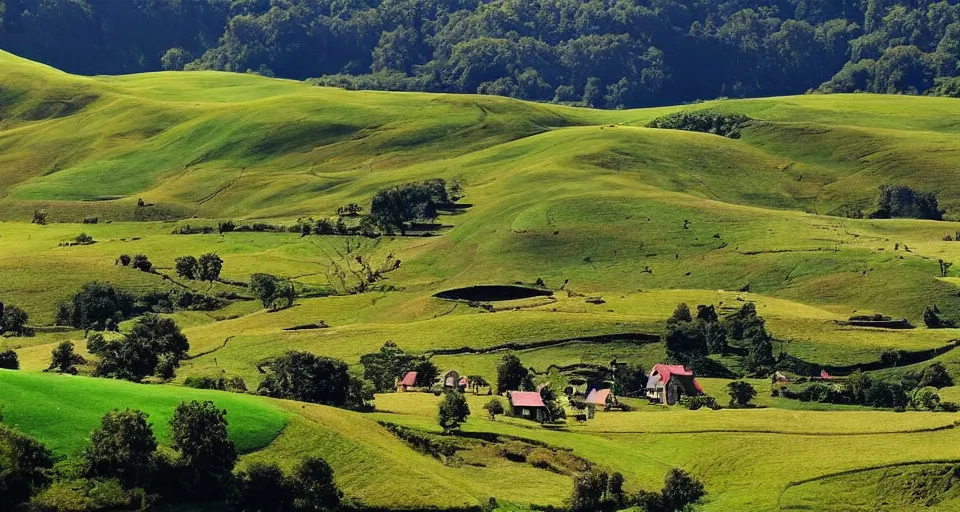 Image similar to verdant valley and rolling hills reminiscent of hobbiton, the lord of the rings