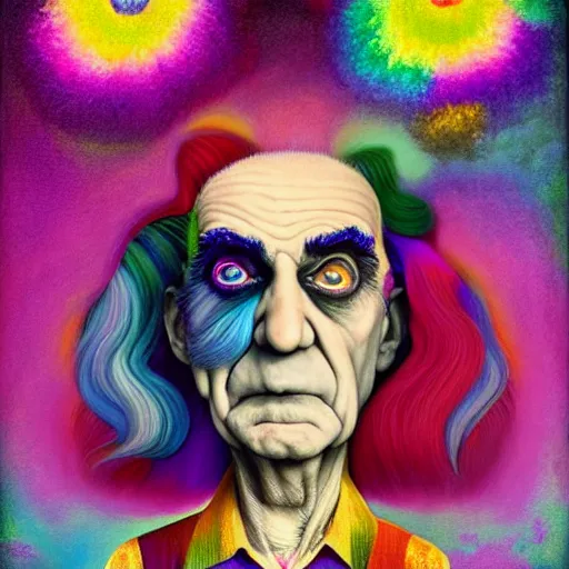 Image similar to abe vigoda looking at the camera, she has rainbow hair and a beautiful unconventional face, there is an explosion of flowers in the background, elegant, highly detailed, digital painting, artstation, realism, concept art, pop, smooth, mythological, sharp focus, qualia, illustration, art by mark ryden 3 d 8 k ultra detailed