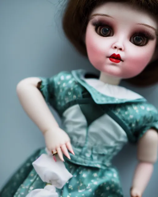 Prompt: high quality presentation photo of a cute Liza Simpsons porcelain doll in the style of mark ryden photography 4k, f1.8 anamorphic, bokeh, 4k, Canon, Nikon