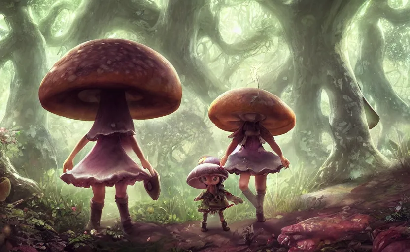 Image similar to cute little girl with a mushroom hat in the dark forest next to a sinister shadow monster, cute, clean detailed art, inspired by made in abyss, detailed background, fantastic world