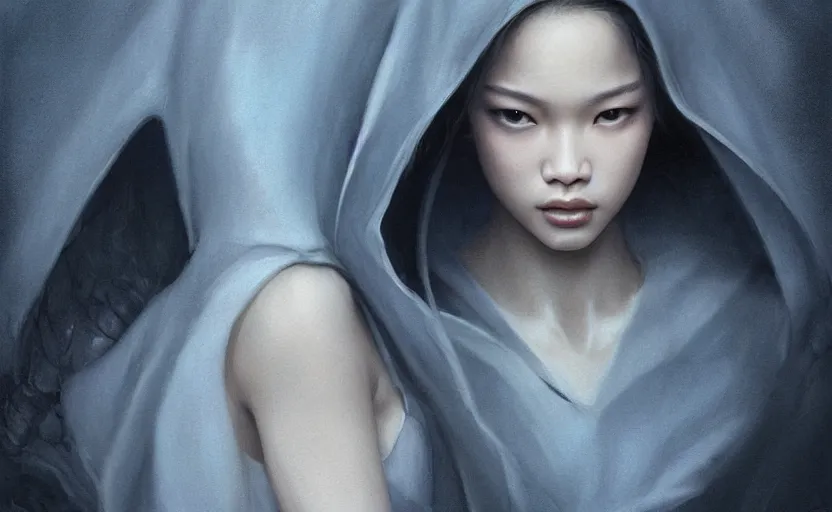 Prompt: blackpink jennie, dressed as the grim reaper, soft grey and blue natural light, intricate, digital painting, artstation, concept art, smooth, sharp focus, illustration, art by greg rutkowski and luis rollo and uang guangjian and gil elvgren, symmetry!