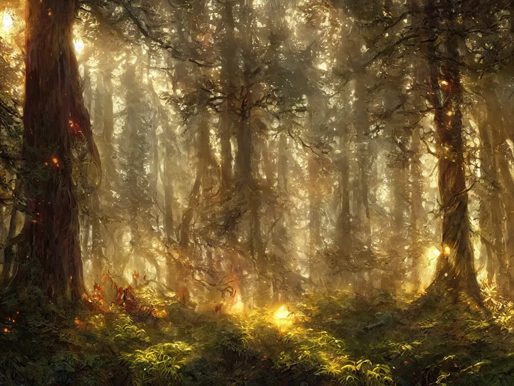 Image similar to Painting of a fantasy forest with mushrooms and thick redwood trees with sun glares and flares bursting through the gaps in the trees, intricate, wild, highly detailed, digital painting, artstation, concept art, smooth, soft focus, illustration, art by artgerm and greg rutkowski and alphonse mucha