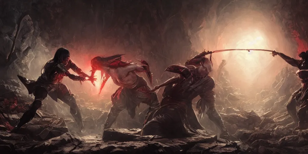 Image similar to mortal combat, dramatic, bloody scene, dark background, portrait 4 / 3, high detail, greg rutkowski, james gurney, gene wolfe, gustave dore, jesper ejsing, rhads, makoto shinkai, ilya kuvshinov