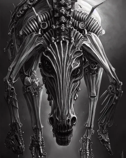 Image similar to fractal horse by giger, partially skeleton, partially robot, deep focus, d & d, dark fantasy, intricate glow accents, elegant, highly detailed, digital painting, artstation, concept art, matte, sharp focus, 8 k 3 d, hearthstone, art by artgerm and greg rutkowski and alphonse mucha