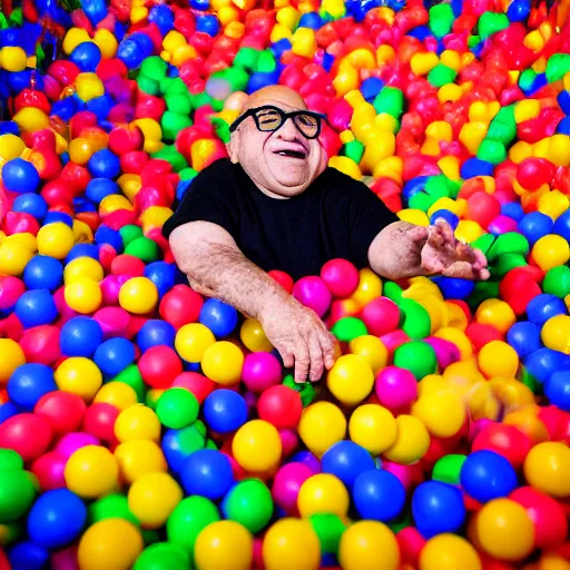 Image similar to danny devito playing in a ball pit, canon eos r 3, f / 1. 4, iso 2 0 0, 1 / 1 6 0 s, 8 k, raw, unedited, symmetrical balance, wide angle