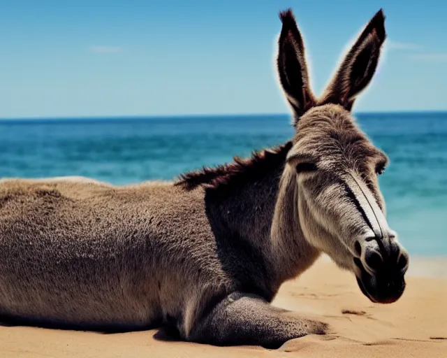 Prompt: realistic photo of a donkey wearing a suit sunbathing on a sunbed at the beach