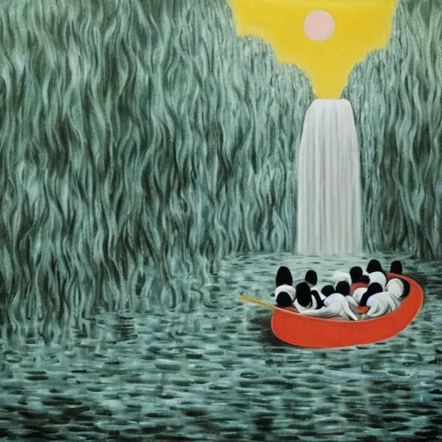 Image similar to painting of flood waters inside an apartment, taps with running water, tall female emo art student, a river flooding inside, tangelos, zen, pigs, ikebana, water, river, rapids, waterfall, black swans, canoe, pomegranate, berries dripping, acrylic on canvas, surrealist, by magritte and monet