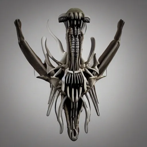 Image similar to 3d render of a xenomorphic old coat of arms with bones, nerves and veins