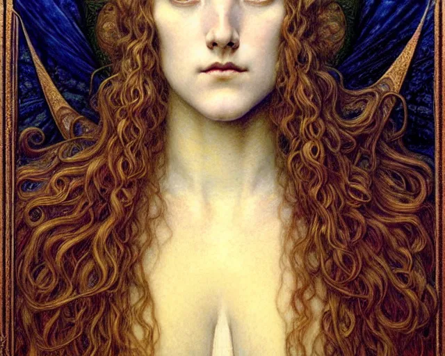 Image similar to detailed realistic beautiful young medieval queen face portrait by jean delville, gustave dore and marco mazzoni, art nouveau, symbolist, visionary, gothic, pre - raphaelite. horizontal symmetry