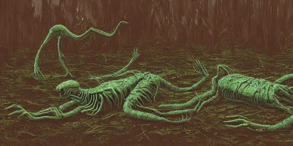 Prompt: extremely disturbing alien creature crawling through a swamp, created by Scott Listfield