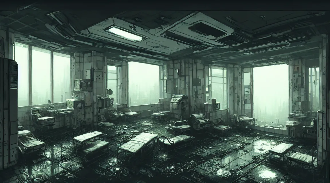 Image similar to post apocalyptic room interior, hospital interior, human silhouette, furniture, interior decoration, by pascal blanche, neil blevins, trending on artstation, photorealistic, hyper detailed, hyper realistic, cyberpunk