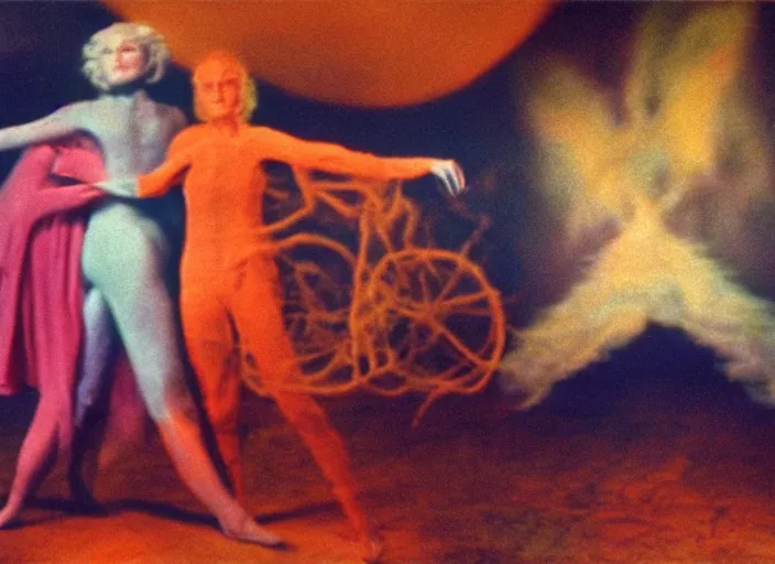 Image similar to still from a surreal film by alejandro jodorowsky, leonora carrington and kenneth anger, hyperrealism : : vintage lens, cinemascope, technicolor, 8 k