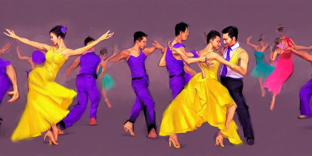 Image similar to Cubans Dancers Dancing Gesture draw by Stanley Artgerm Lau, Gesture draw, Salsa Social Dance, couple, lady using yellow dress, guy using purple light fancy suit, Salsa tricks, WLOP, Rossdraws, Gesture draw, James Jean, Andrei Riabovitchev, Marc Simonetti, and Sakimichan, trending on artstation