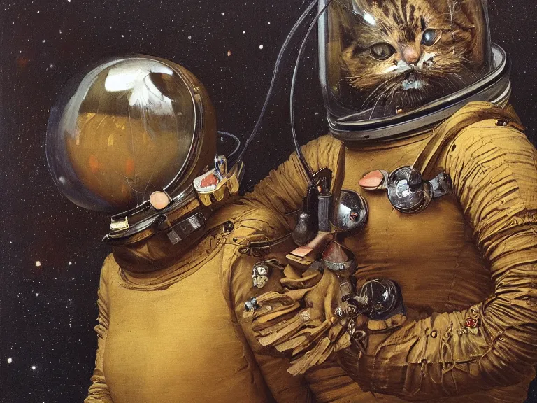 Prompt: an oil painting profile of a cat in a spacesuit, symetrical and detailed with science fiction theme by beksinski carl spitzweg and tuomas korpi. baroque elements, full-length view. baroque element. intricate artwork by caravaggio. Trending on artstation. 8k