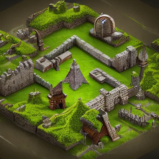 Prompt: isometric DND fantasy forest, war fort, 3d render, fantasy city, surrounded by white