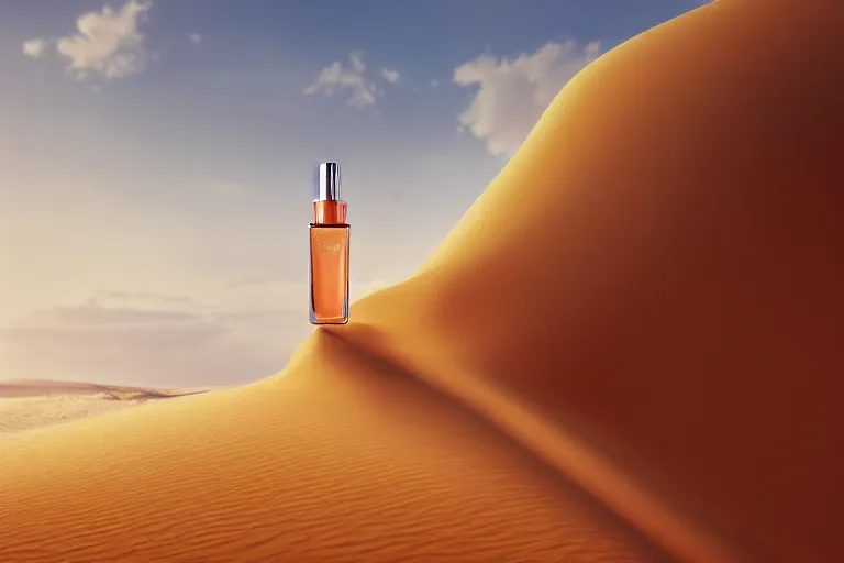 Image similar to perfume bottle buried in a sandy dreamy dune, marmelade orange colors, dramatic, mid day, sand dune background, large scale, hyperrealistic, lots of detail, realistic lighting, octane render, by wlop, artgerm, trending on artstation