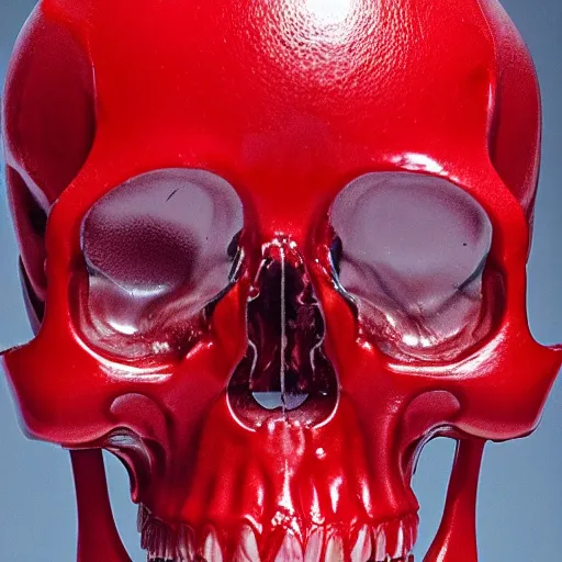 Image similar to transparent red liquid inside in a transparent skull, alexander mcqueen