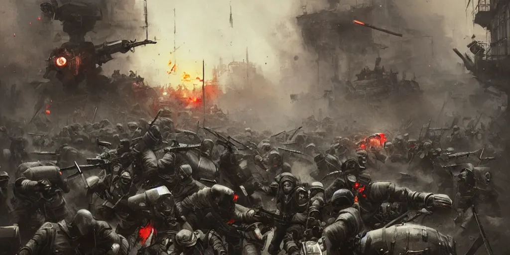 Image similar to french army and civilians are getting slaughtered by one samurai robot in the interbellum paris, very detailed painting, concept art, intense heavy street battle, bullet hell, pile of bodies, artillery bombings, blood on the streets, art by greg rutkowski and jakub rozalski