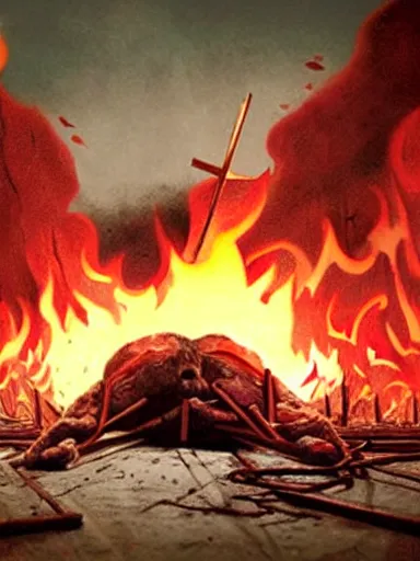 Prompt: den of evil. set afire. directed by roger deakins. 4k criterion classic film. littered corpses and crosses. demons bloodthirsty. trending on artstation.