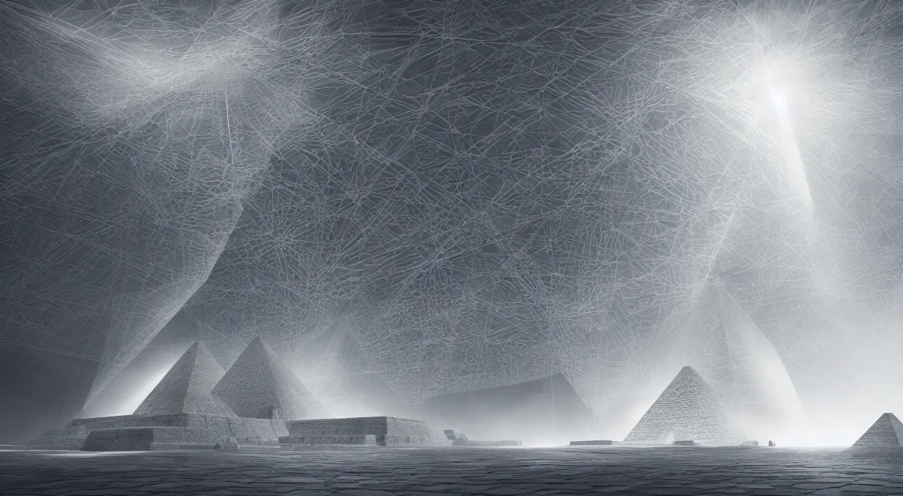 Image similar to ancient pyramid, parametric structure, cellular biology by glenn small, by ernst haeckel, by albert bierstadt photorealistic, zaha hadid, god rays, volumetric lighting, detailed, intricate, delicate, raytrace, octane, light fog, neon, bladerunner