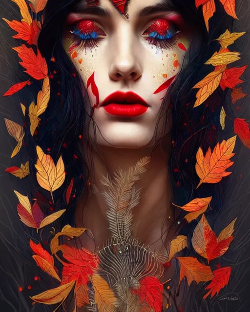 Image similar to highly detailed hippie, black hair, flying leaves on backround, symmetrical, red lips, paint by anna dittman trending on artstation, intricate details, energetic composition, golden ratio, concept art, illustration, elegant art