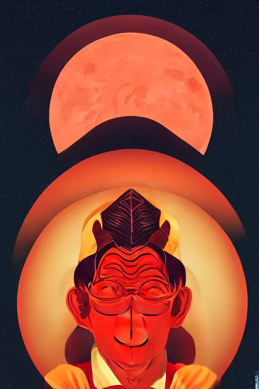 Image similar to portrait of a man with a mask on his face in the form of a spiral in a golden kimono, full face, against the background of a bright red moon, sad motif, ilya kuvshinov, dramatic, soft colors, futuristic, 8 k