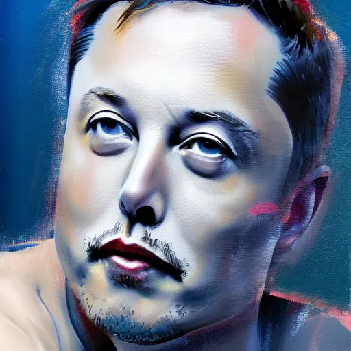 Image similar to Oil Painting of Elon Musk as Cleopatra, sitting on a cloud, ethereal, concept art, hyper realism, sharp focus