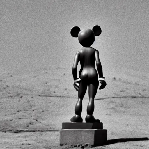 Image similar to Statue of a humanoid Mickey Mouse, photorealistic, film still, desolate