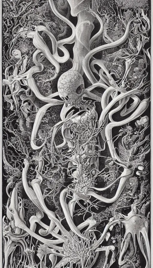 Image similar to life and death mixing together, by ernst haeckel