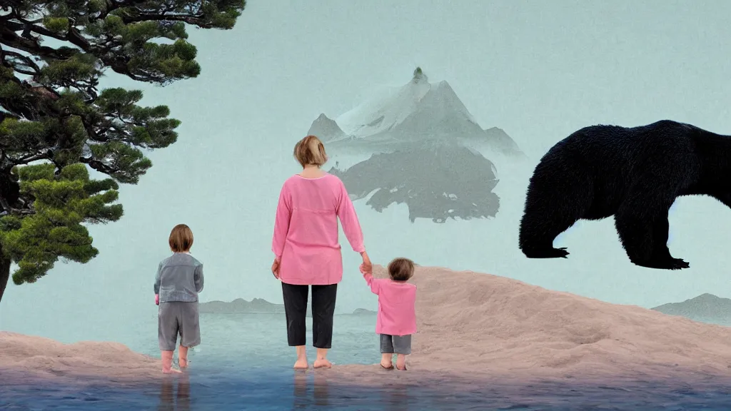 Image similar to a mama and baby bear at a seaside landscape with sequoia trees, japan, a collage painting, in the style of wes anderson, lola dupre, david hockney, isolated on negative white space background dark monochrome neon spraypaint accents volumetric octane render