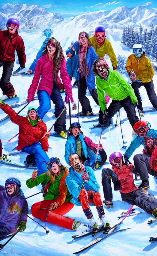 Prompt: beautiful detailed photorealistic painting of a group of friends dressed as zombies on a skiing holiday. the friends are happy and having fun. vibrant, high quality, vibrant colors, very funny, beautiful, hq. hd. 4 k. award winning. trending on artstation