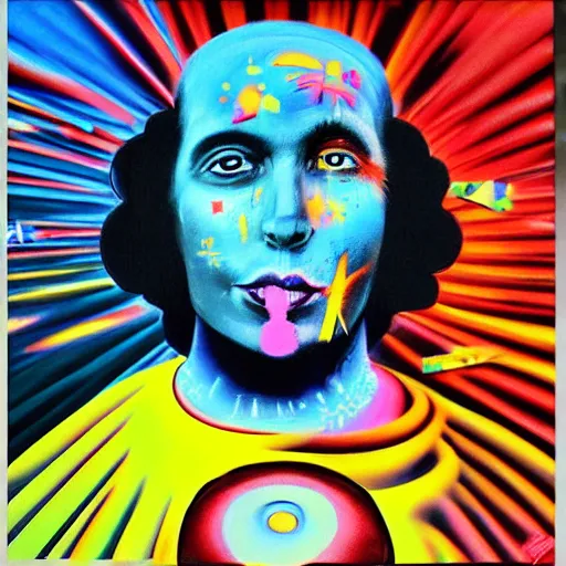 Image similar to A street art. A rip in spacetime. Did this device in his hand open a portal to another dimension or reality?! dark black by Peter Max gloomy, CGI
