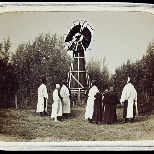 Image similar to an 1800s photo of a windmill. Cult worshippers in robes.