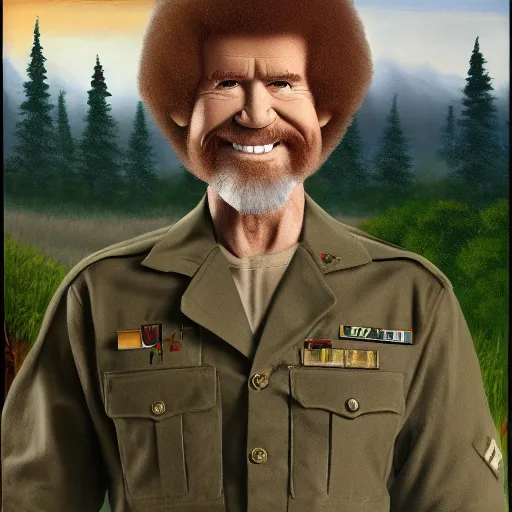 Image similar to bob ross in military fatigues, on the battlefield, ultra realistic