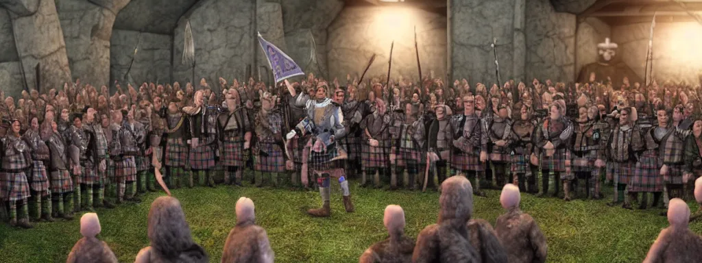 Image similar to William wallace giving speech in front of an army of Scottish highlanders, claymation, wallace and grommit, realistic volumetric lighting