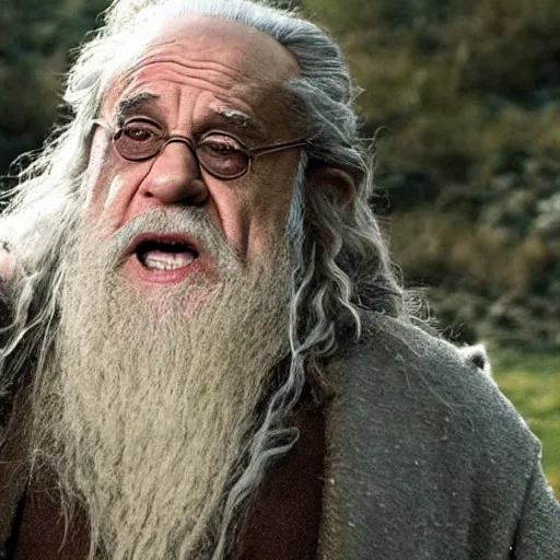 Image similar to movie still of danny devito starring as gandalf the white in the 2 0 2 4 lord of the rings movie, full body, hyper realistic, high quality, wide angle